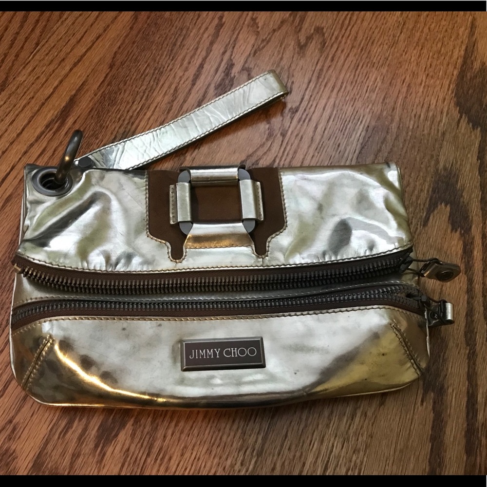 Jimmy Choo silver leather clutch with wrist strap